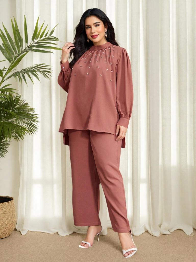 Middle Eastern Plus Size Women's Beaded Loose Two-Piece Set: Pink Stand Collar Top & Wide-Leg Pants