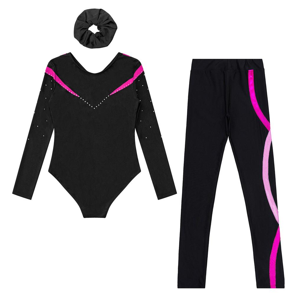 Mädchen Langarm V-Ausschnitt Glänzende Strasssteine Kontrastfarbe Gymnastik-Turnanzug Set Komplett mit Leggings Haarband