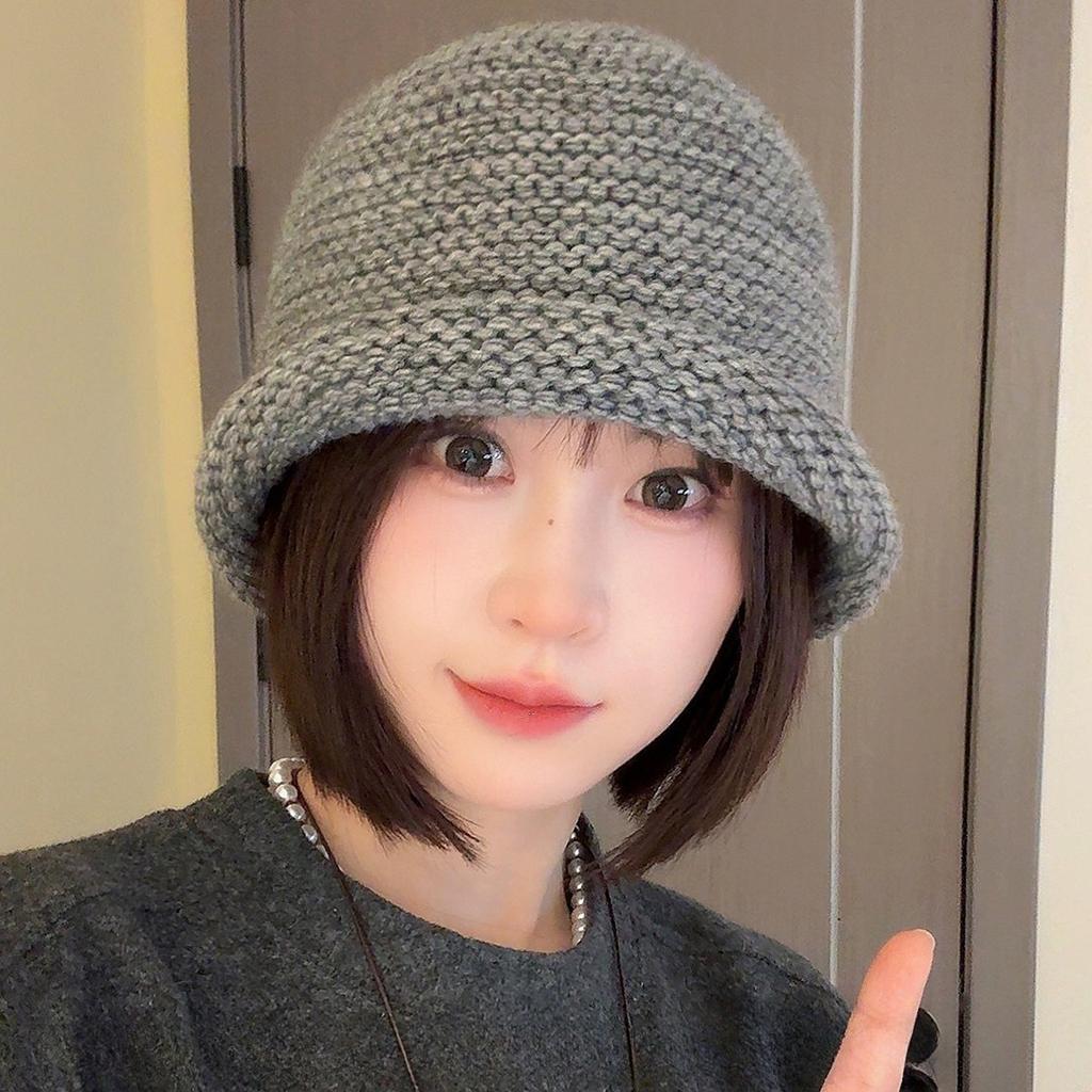 Thick Knitted Curled Edge Fisherman Hat Women's Autumn and Winter Wool Blend Plain Woolen Hat Warm Ear Protection Cold Hat