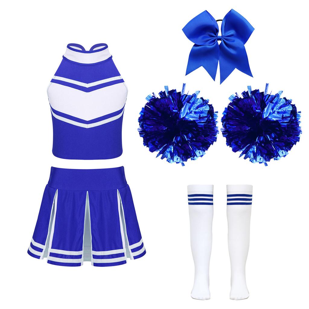 Kids Girls Cheerleading Set Sleeveless Zipper Top Pleated Skirt Bowknot Headwear 2 Hand Flowers Striped Tube Socks for Performance