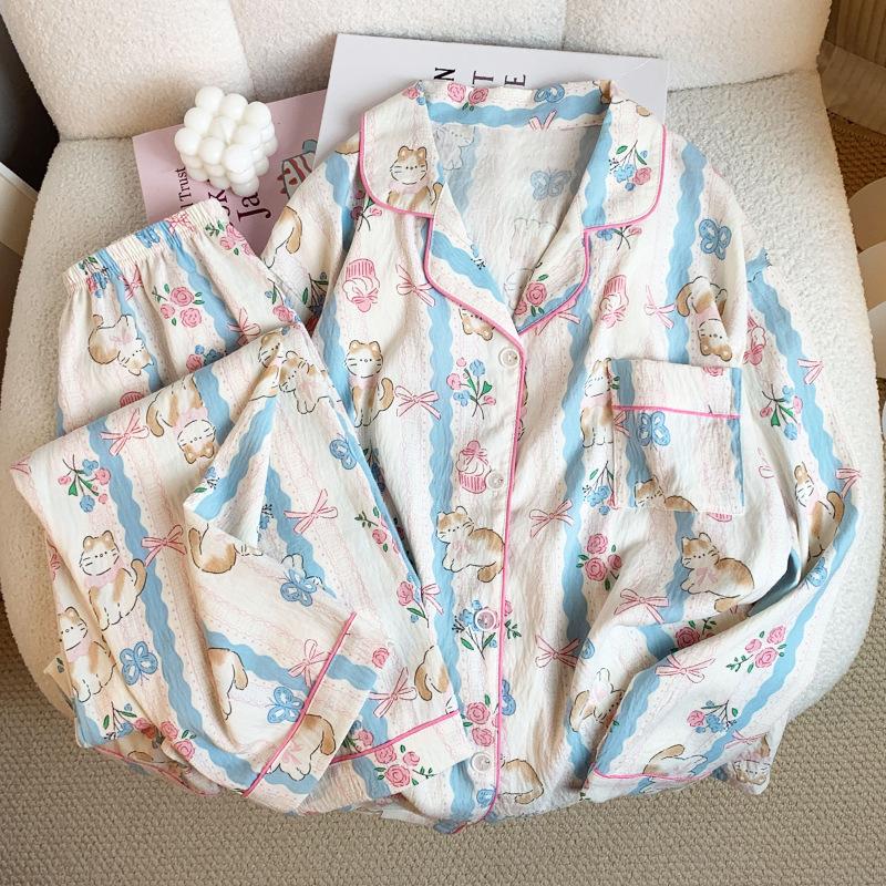 Cloud cotton new bow kitten print pajamas autumn women's long-sleeved sweet loungewear set real shot