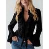 V Neck Ruffled Splicing Lace-up Blouse Women Flared Long Sleeve Tops Solid Color Spring Autumn Elegant Fashion Sweet Shirts Ladies Clothing