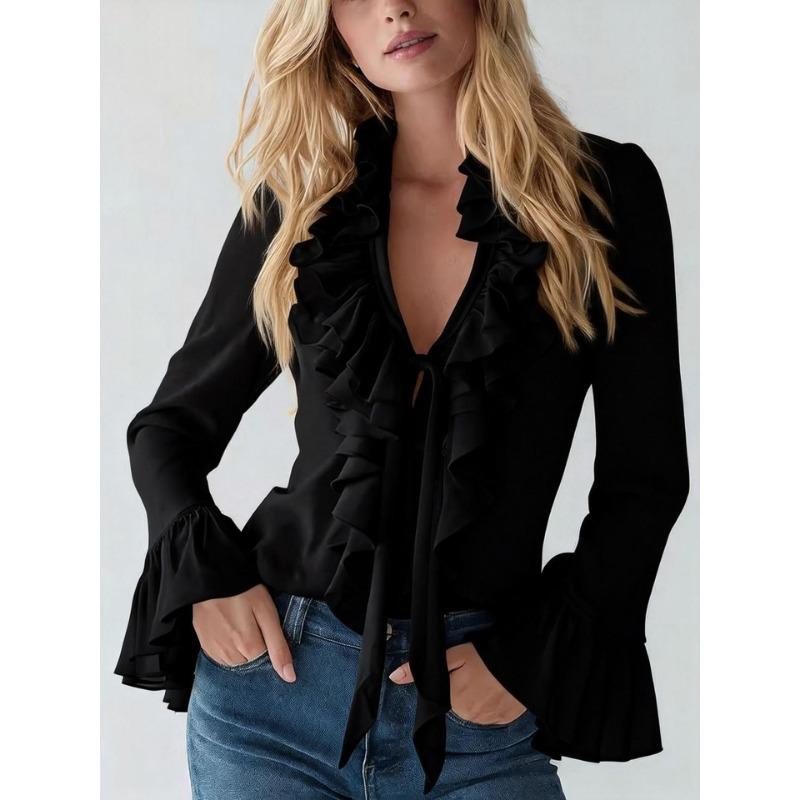 V Neck Ruffled Splicing Lace-up Blouse Women Flared Long Sleeve Tops Solid Color Spring Autumn Elegant Fashion Sweet Shirts Ladies Clothing