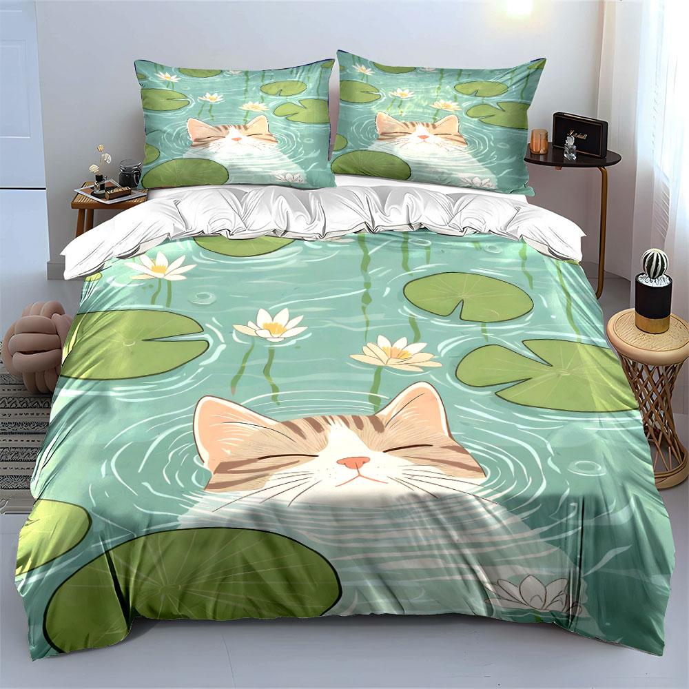 Cat Lily Pond Art Set Soft Comfortable Duvet Cover Bedding Set Included 1*Duvet Cover & 2*Pillowcases, Gift