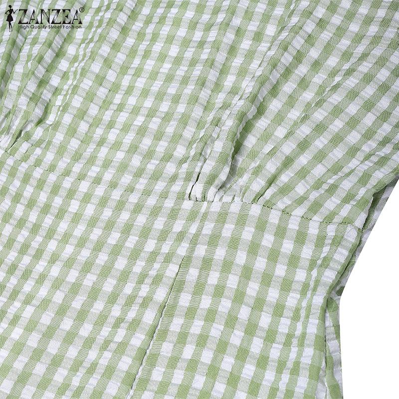 Women Casual Zanzea Round Neck Plaid Print Summer Short Sleeve Dress