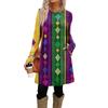Women's Fashion Casual Dress With Pockets, Decorative Buttons, Carnival Prints, Round Neck And Long Sleeves