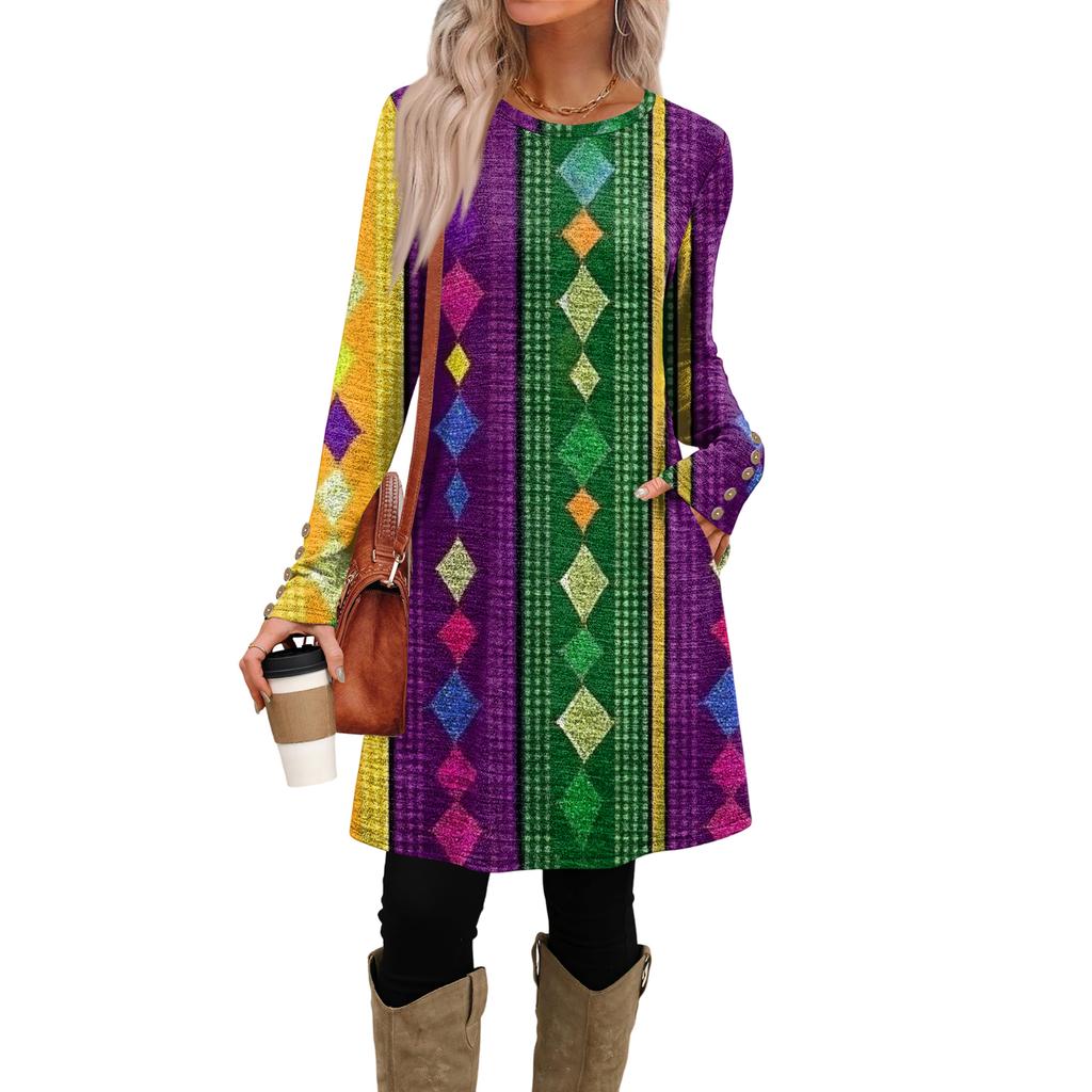 Women's Fashion Casual Dress With Pockets, Decorative Buttons, Carnival Prints, Round Neck And Long Sleeves