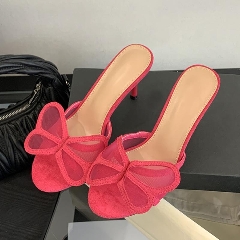

2025 New Yellow Shoes For Women Slippers Fashion Mesh Butterfly High Heels Female Mules Slides Summer Sandal Zapatos Mujer 35 розы красного