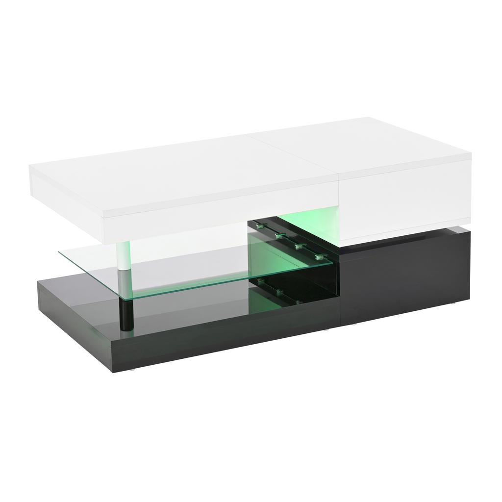 Moderner Couchtisch mit LED-Umgebungsbeleuchtung, APP- und Bluetooth-Steuerung, Glasablage & Hochglanzoberfläche, schwarz-weißes Design, 90x45x35,5 cm