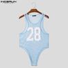 INCERUN Men Sleeveless Letter Print Mesh Bodysuits See Through Fitted Briefs Jumpsuits