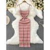 European and American Sexy Backless Sling Dress Women Summer New Elastic Striped Knitted Tight Slimming Sheath Long Dress