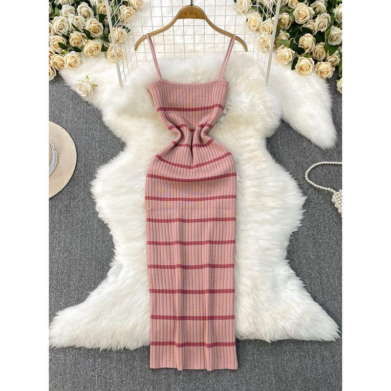 European and American Sexy Backless Sling Dress Women Summer New Elastic Striped Knitted Tight Slimming Sheath Long dress