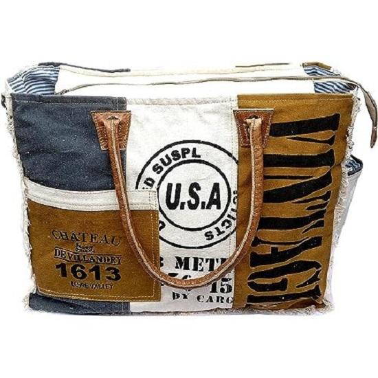 Bags SEL De MER Upcycled Large Upcycled Canvas Crossbody Bag & Cowhide Tote Bag, Upcycled Canvas & Cowhide Leather Handbag Bag for Women