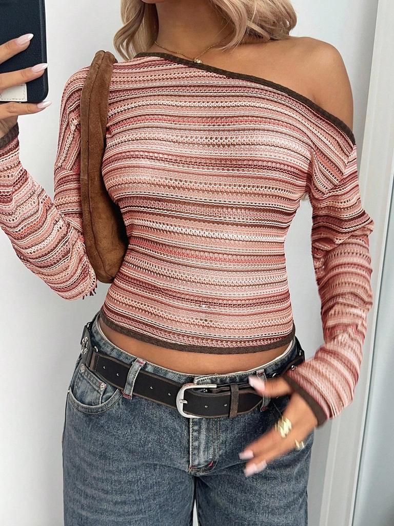 2025 Women's Color Block Stripe Off-the-Shoulder Asymmetrical Long Sleeve Top