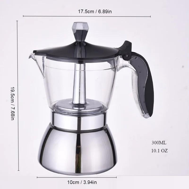 Transparent Moka Pot 4/6 Cups Household Espresso Italian Coffee Brewing Kettle for Electric Stove Stainless Steel Moka Pot