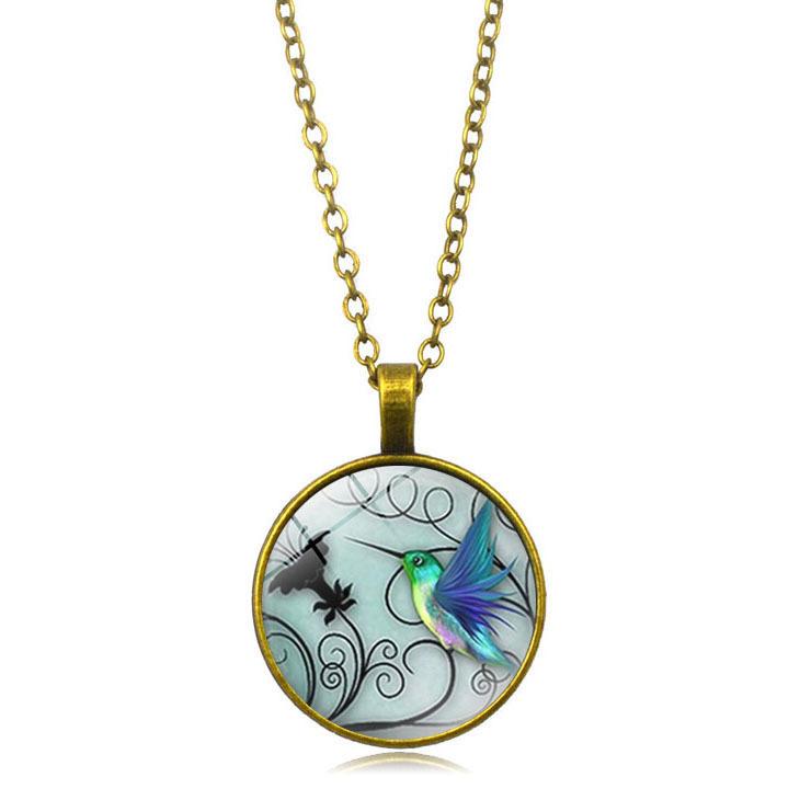 Blue Hummingbird Time Women's Versatile Decorative Glass Retro Jewelry Pendant Necklace