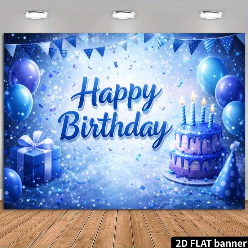 2D Happy Birthday Light Blue Glitter Backdrop Banner Party Photo Background