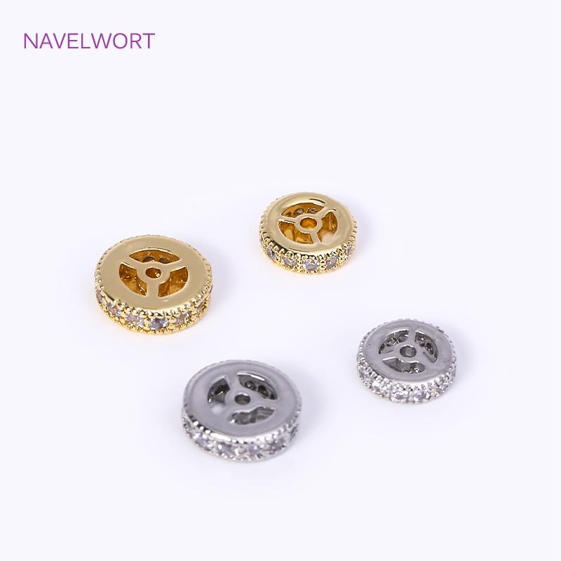 Brass 18K Gold Plated Round Wheel Bracelets Spacer Beads,Jewelry Making Supplies,Inlaid Zircon Spacer Beads DIY Accessories