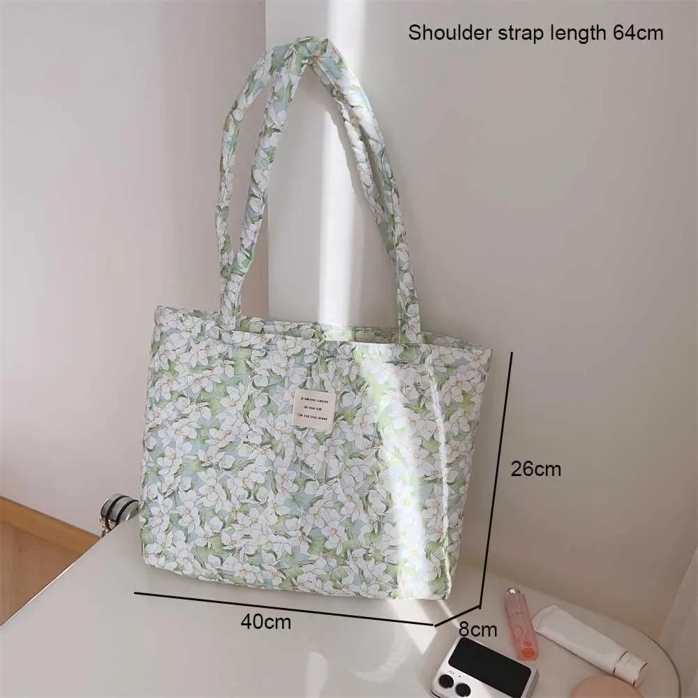 Cotton Floral Tote Bag for Women  Handbag Trendy Chic Puffy Top Handle Bag Quilted Padded Shoulder Bag Designer Shopper Bags