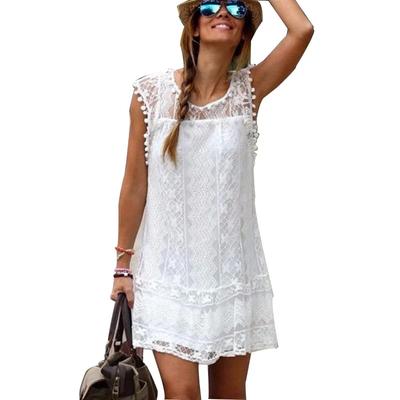 Robe d'été blanche décontractée pour femme: Mini Style de Plage Sans Manches avec Détails Sexy à Franges et Dentelle