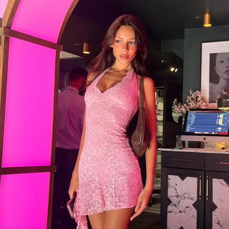 

European and American summer bright pink neck V-neck dress slim lace pure desire short skirt A-shaped skirt L рожевий