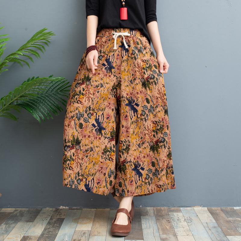 Women's High Waist Drawstring Ramie Wide Leg Culottes Loose Plus Size Nine Length Printed Linen Skort Vintage Floral Palazzo Pants