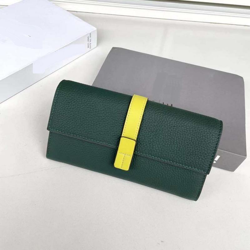 New Genuine Leather Women's Wallet Top Layer Cowhide Lychee Pattern Drawstring Contrasting Color Long Three Fold Bag