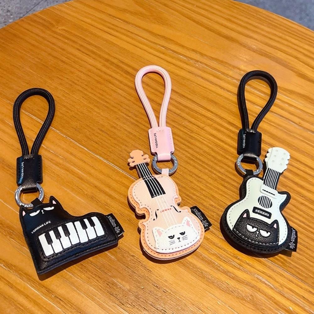 PU Leather Cartoon Violin Keychain with Carabiner Piano Cat Keyring Cat Keychain Music Lovers Gift