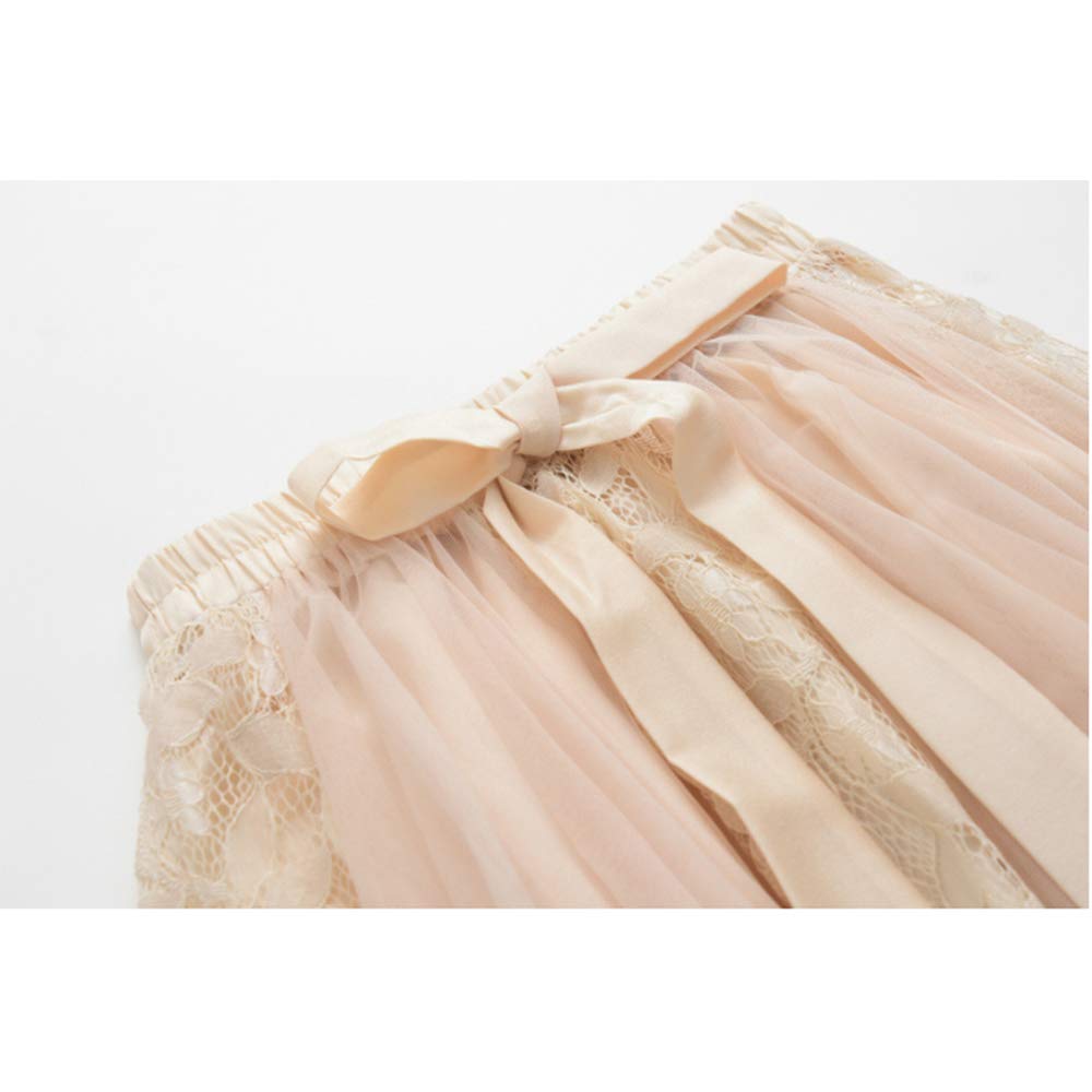 Gebacades Elastic Lace Pleated Tulle Maxi Beige Women's High-Waisted Tie-Down Skirt,