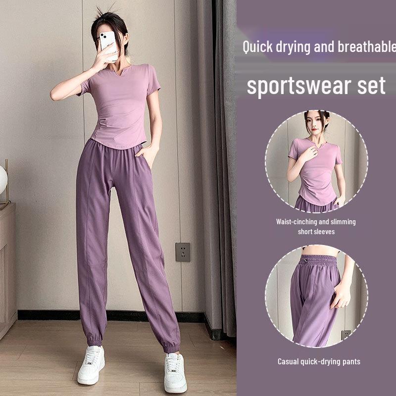 Women's Quick-Dry Yoga Set: Short Sleeve & Pants with Chest Pad for Summer 2025 Morning Runs