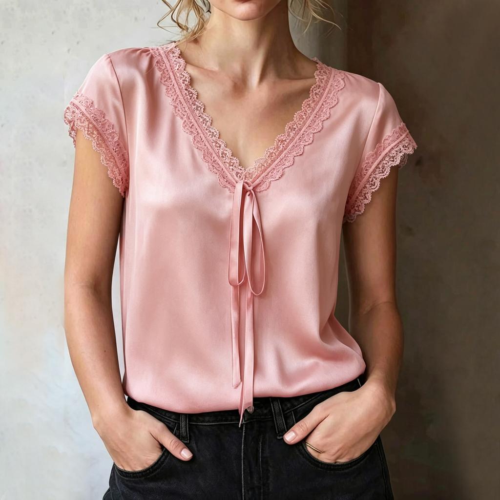 Women Satin Lace Trim Short Sleeve V Neck Blouse with Tie Front and Relaxed Fit for Casual or Office Wear