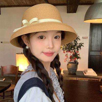 Elegant Hepburn Women Beach Sunshade Sun Hat  Summer Retro Sunscreen Hat Bow Fisherman Hat