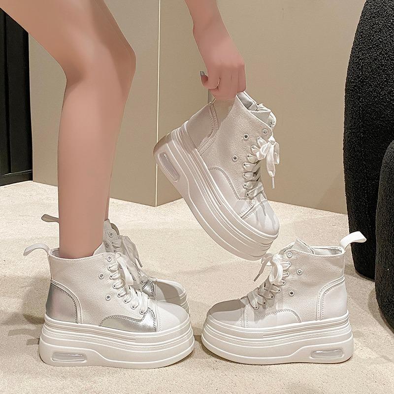 Fashion 8CM Autumn Spring Boots Women High Platform Sneakers Height Increasing Ankle Boots Thick Sole ZIP Breathable Canvas Women shoes