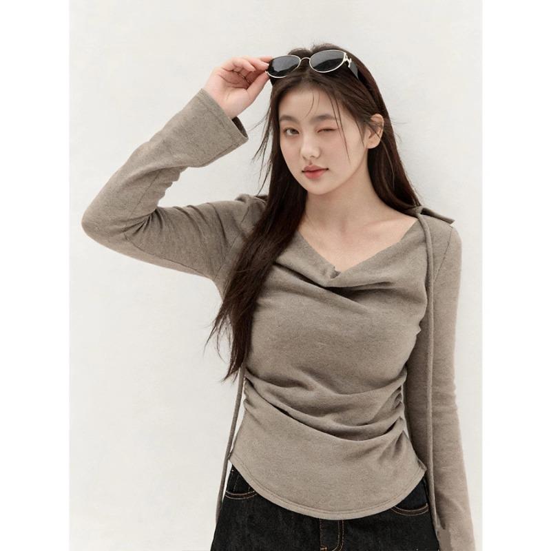 Women Cowl Neck Drawstring Ruched Fitted Long Sleeve Knit Top S хаки