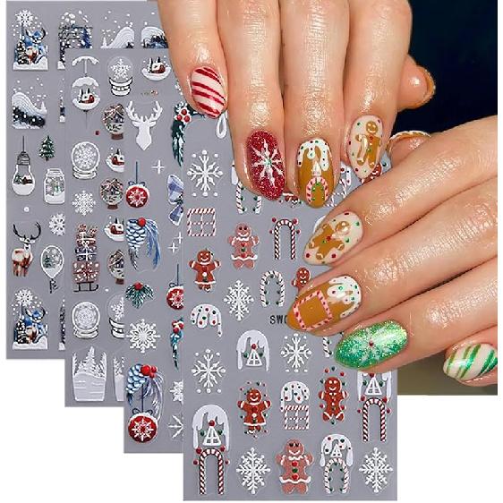 4 Sheets Christmas Nail Stickers for Nail Art 3D Self-Adhesive White Snowflake Nail Art Stickers Winter Xmas Tree Elk Design French Tip Nail Decals