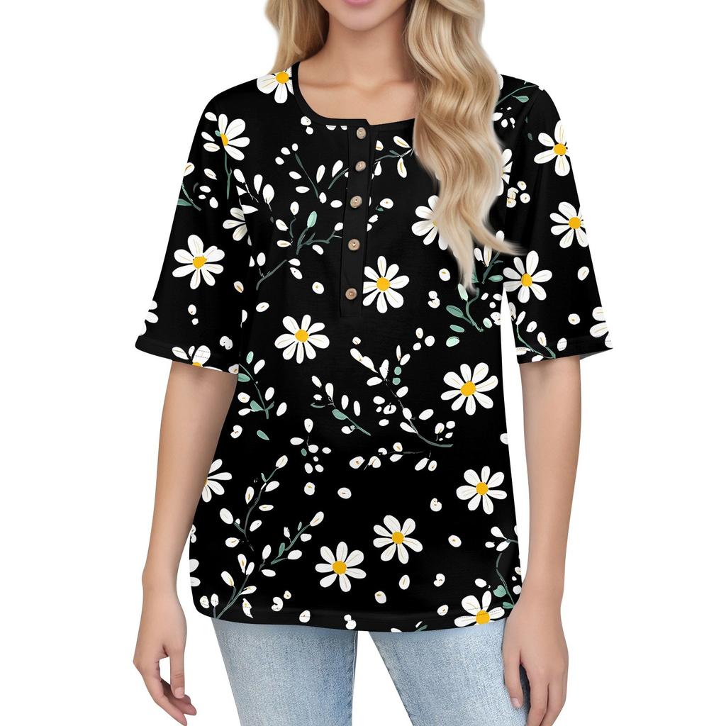 Shirts For Women Trendy Round Neck Button T Shirts Printed  Blouse Half Sleeve Tops For Women