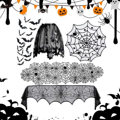 Dekoracje Halloween Czarna Koronkowa Pajęczyna Halloweenowy Bieżnik na Stół Obrus Szal na Kominek na Imprezę Halloweenową