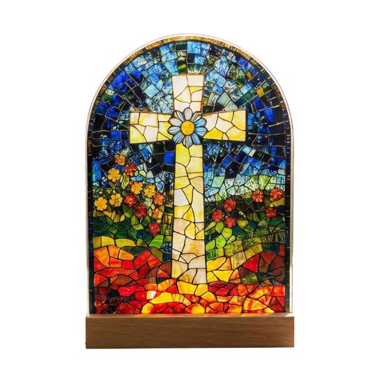 Desktop Decoration Ornaments Base Acrylic Style Double with Solid Wood Stained Glass Sided H