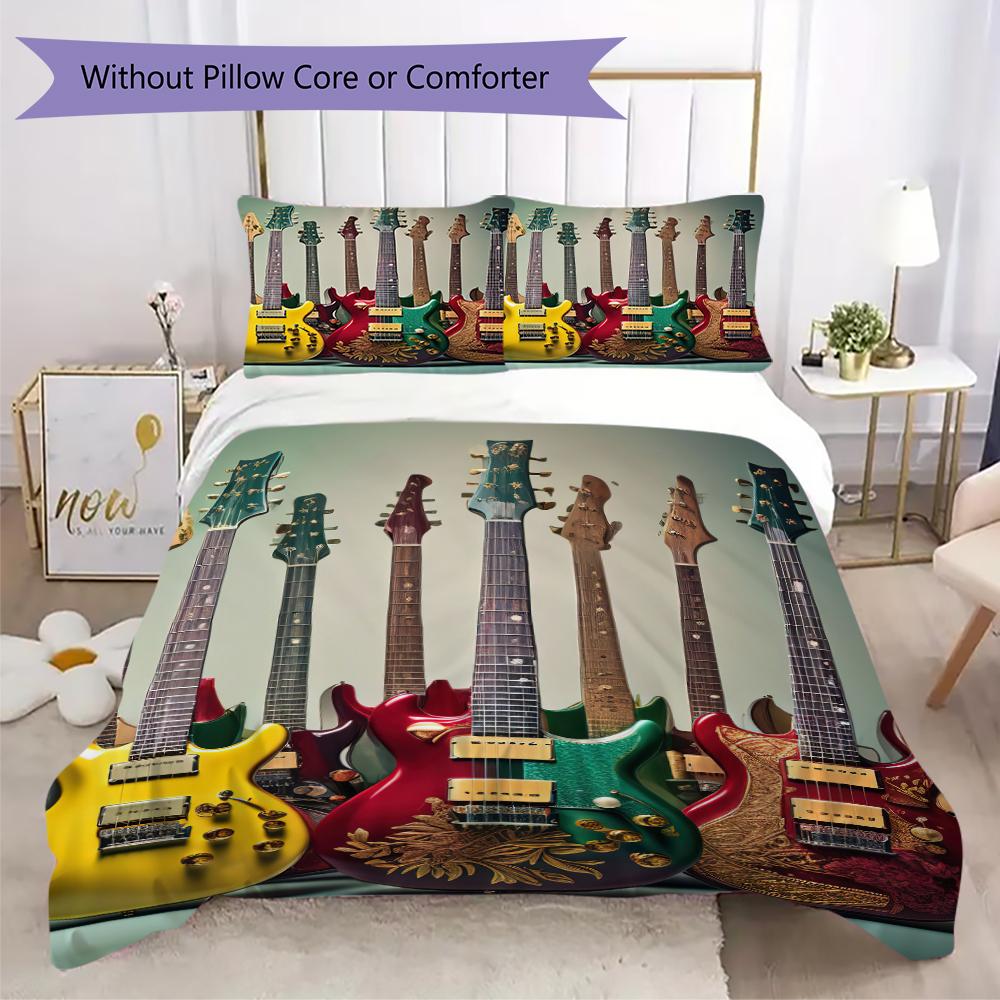 1PC Electric guitar Theme Bedding Quilt Set Quilt Cover Pillowcase Home Decoration Birthday Gift (1 * duvet cover + 2 * pillowcase, without core)A1