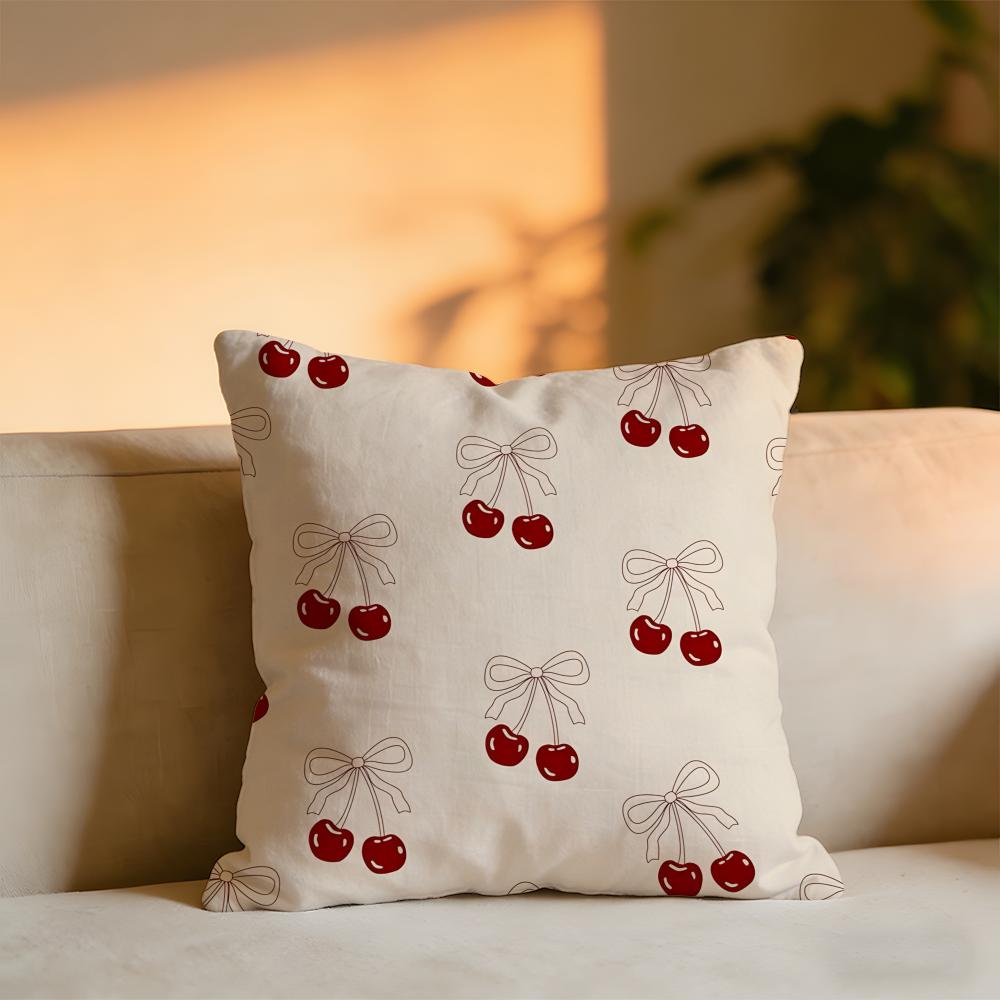 Beautiful Pink Bow Cherry Cushion Cover Cozy Velvet Throw PillowSoft Warm Cushion For Sofa Bed