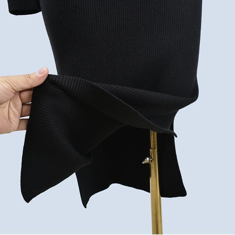 Brand Label Cutting Halterneck Long-Sleeved Silm Thick Knitting Sweater Mid Length Long Length Split Elegant Dress Female Fall and Winter