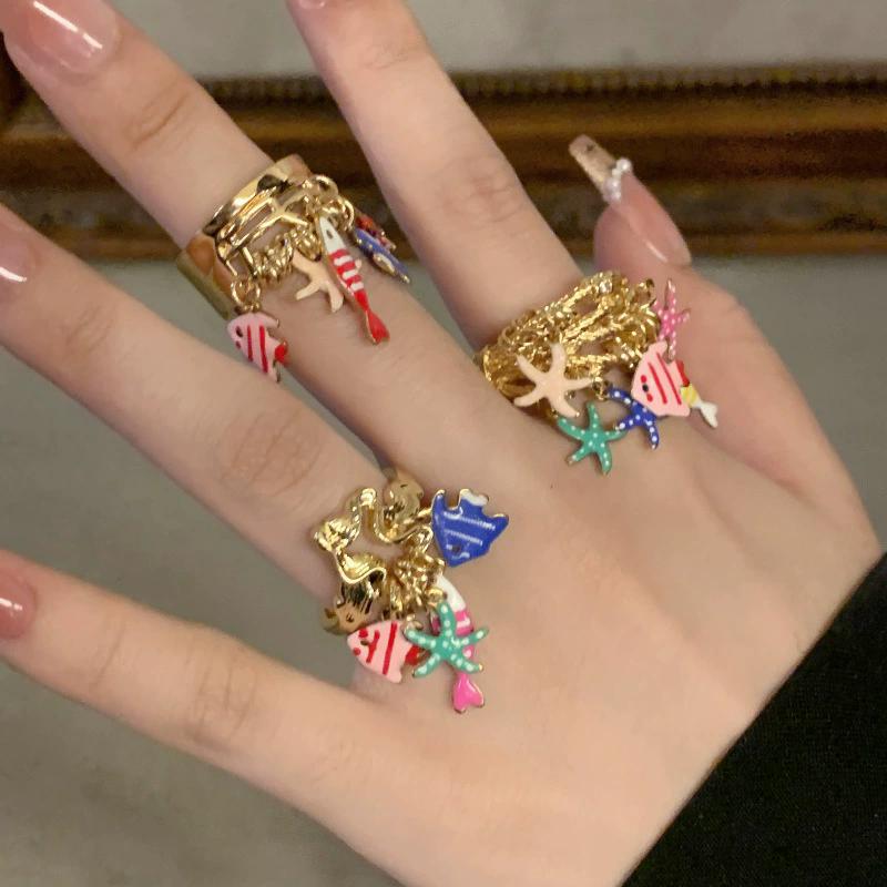 Marine Metal Enamel Small Fish Starfish Pendant Ring Stacked Index Finger Ring Fashionable Individual Trendy Jewelry Accessory