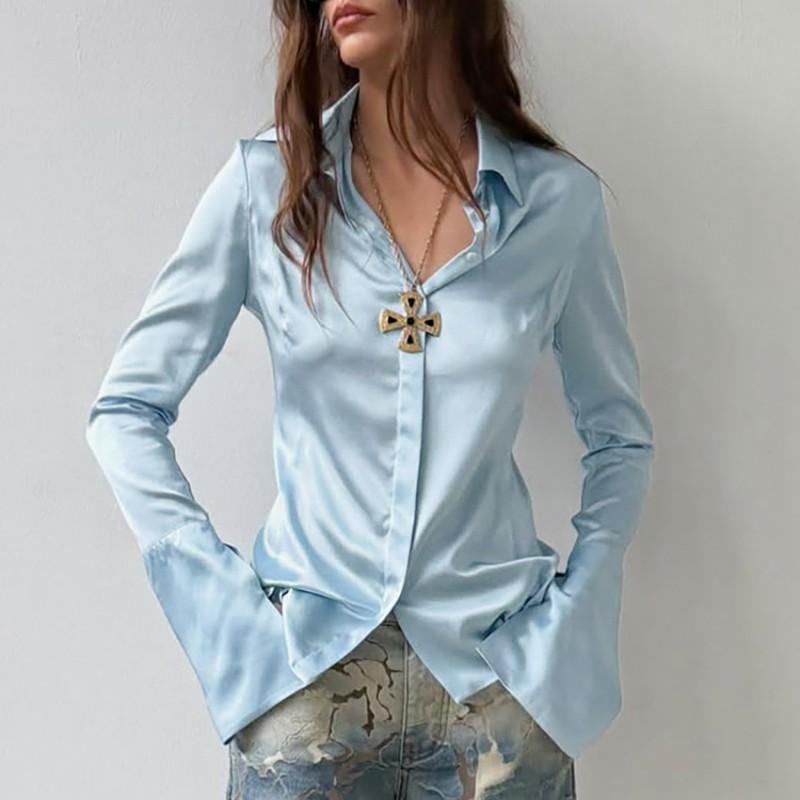 Womens Slim Fit Turn-Down Collar Blouse