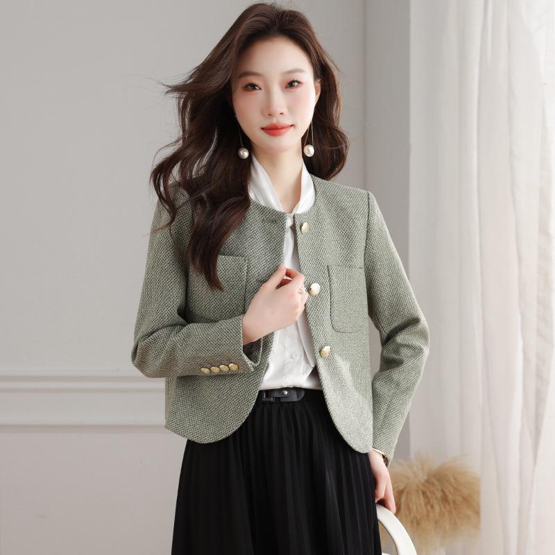 Women's French Style Round Neck Wool Tweed Jacket