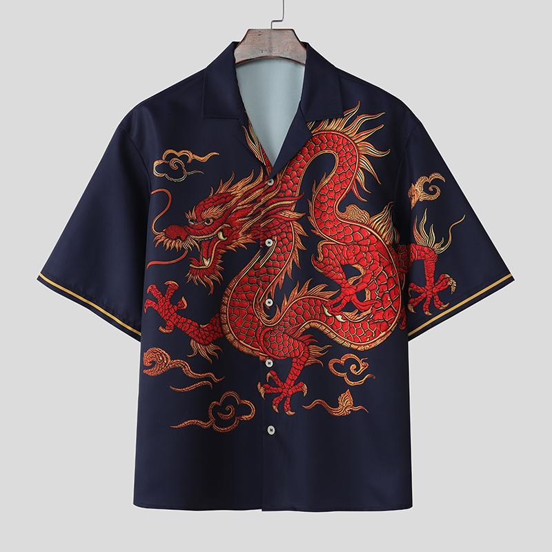 

INCERUN Oversized Men Turn Down Collar Half Sleeve Buttons Print Casual Shirts M синий