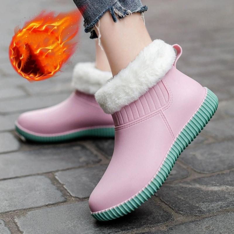 Japanese Rain Boots Women's Low-cut Waterproof Shoes Plus Velvet One-piece Non-slip Sole Work Rubber Shoes Fashion Rain Boots
