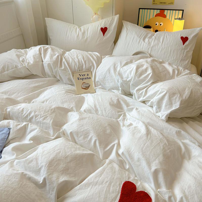 Cute Blue Heart Bedding Set Ins Nordic Embroidery Bed Sheet Set Of Four Pieces Home Luxury Duvet Cover Set For Girls
