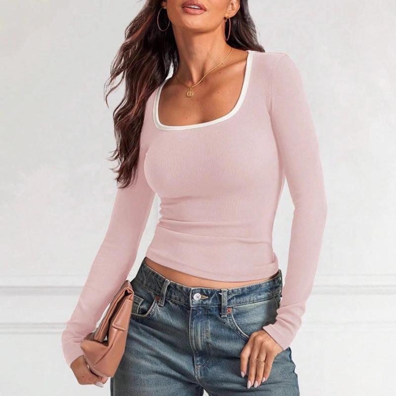 Women Square Neck Long Sleeve Solid Color Block Slim Fit Casual Pullover Top