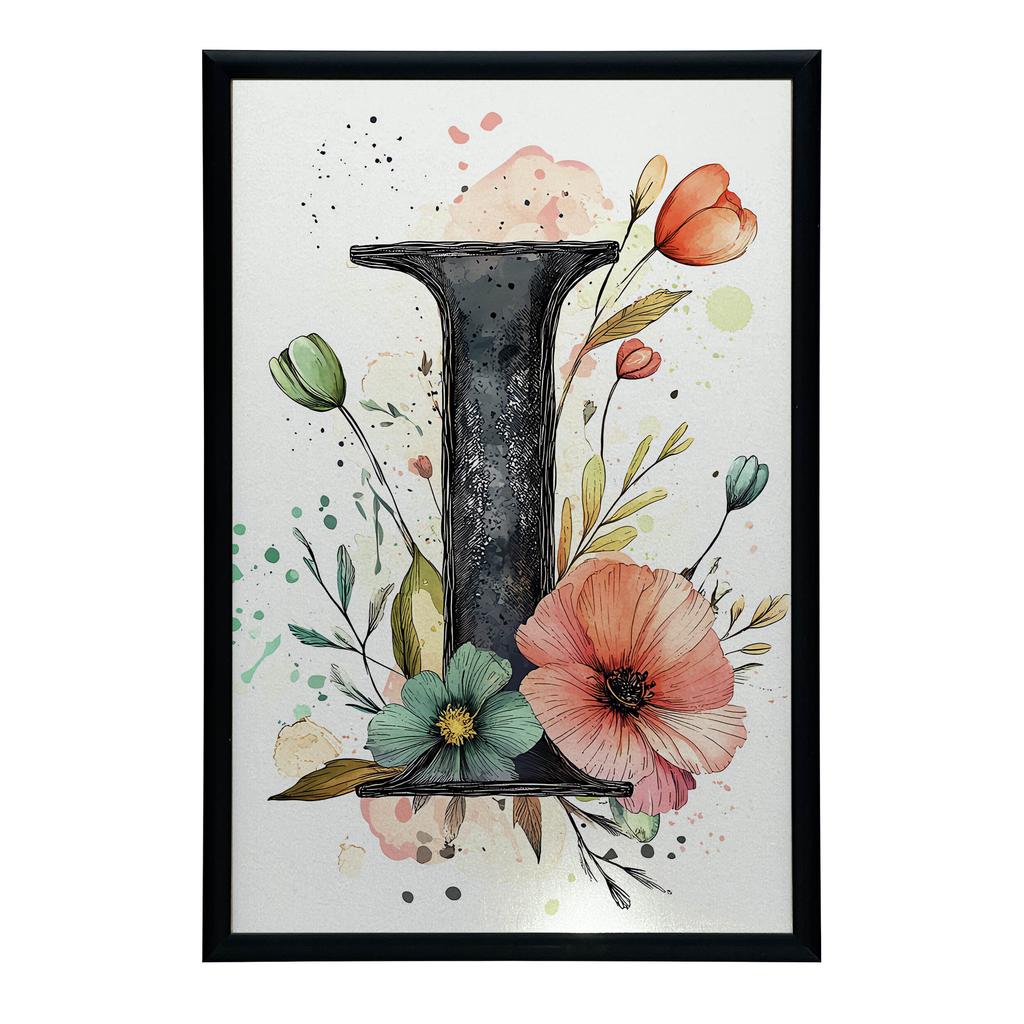 Plakat Litera "I" Z Kwiatami Plakat Litera "I" Z Kwiatami, 30X40 Cm, Rama Drewniana Ciemny Brąz, Papier Matowy 230 Gsm