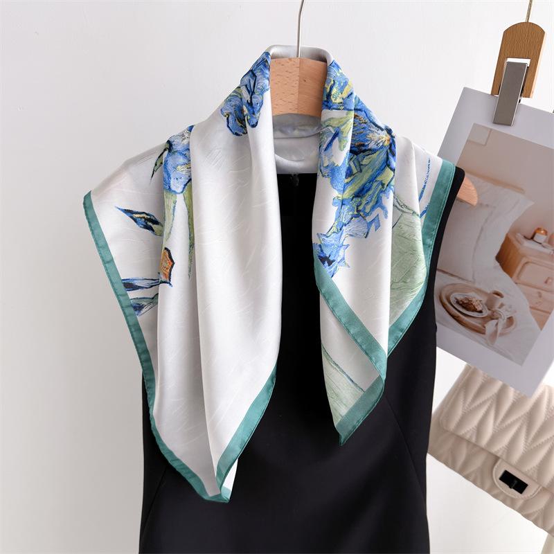 Blue Rhyme Flower Shadow Printed Silk Scarf Square Scarf High-End Shawl Versatile Neck Small Square Scarf Headscarf